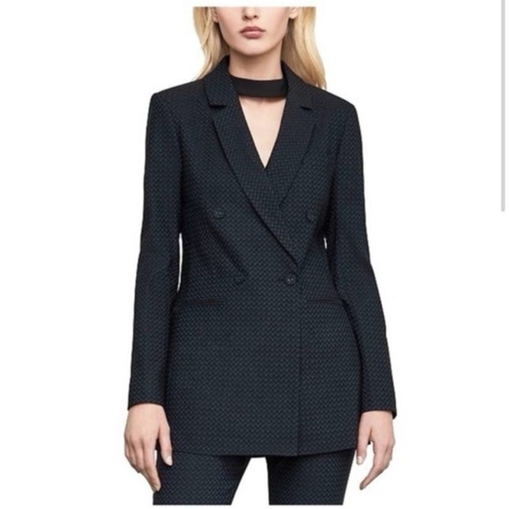 BCBGMaxAzria Double Breasted Black Blazer With Blue Pattern Size Medium